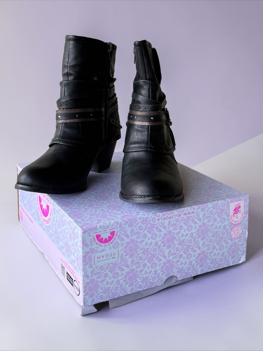 Jellypop Rhory ankle boots in black, featuring a boho-studded strap. NIB